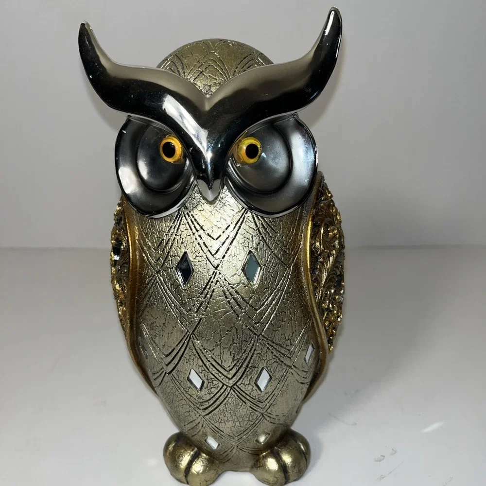 OWL Silver & Gold Accented Tones Resin Owl 9 1/2